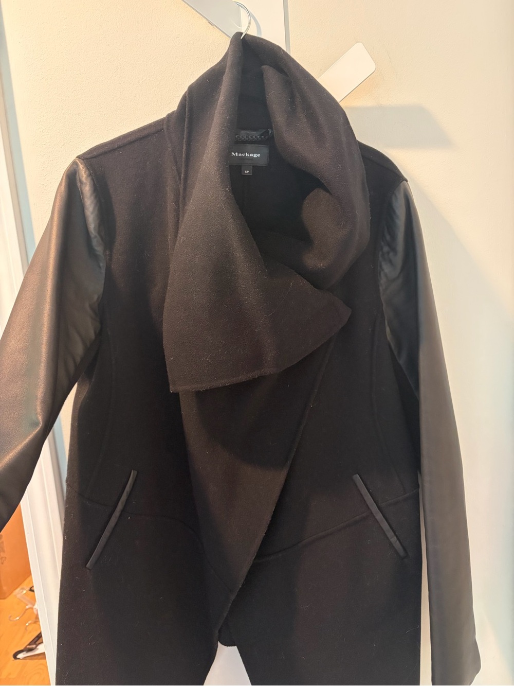 Mackage Black Wool Coat with Leather Sleeves